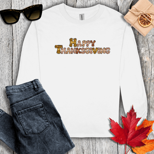 Long-sleeve S / White Sequin Happy Thanksgiving Long Sleeve Tee