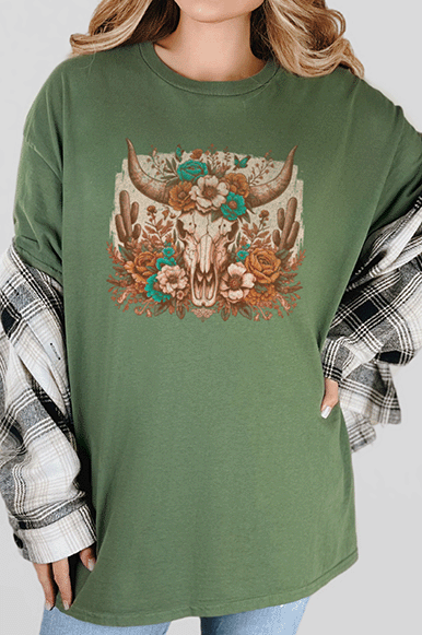 T-Shirt Military Green / S Distressed Longhorn with Flowers Tee