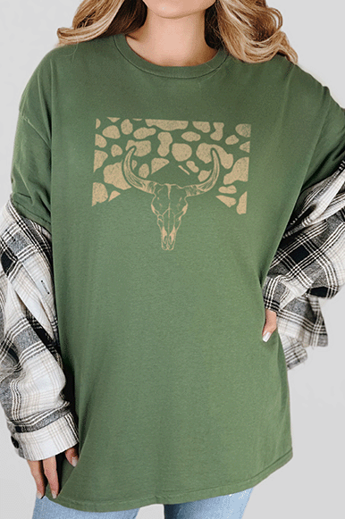 T-Shirt Military Green / S Tan Longhorn with Cow Print Tee