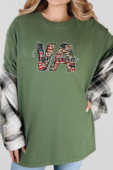 T-Shirt Military Green / S Virginia with Cheetah Print Short Sleeve Tee
