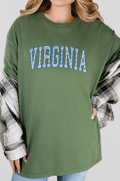 T-Shirt Military Green / S Virginia with Floral Inlay Short Sleeve Tee