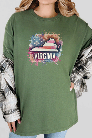 T-Shirt Military Green / S Virginia with Watercolor and American Flag Short SleeveTee