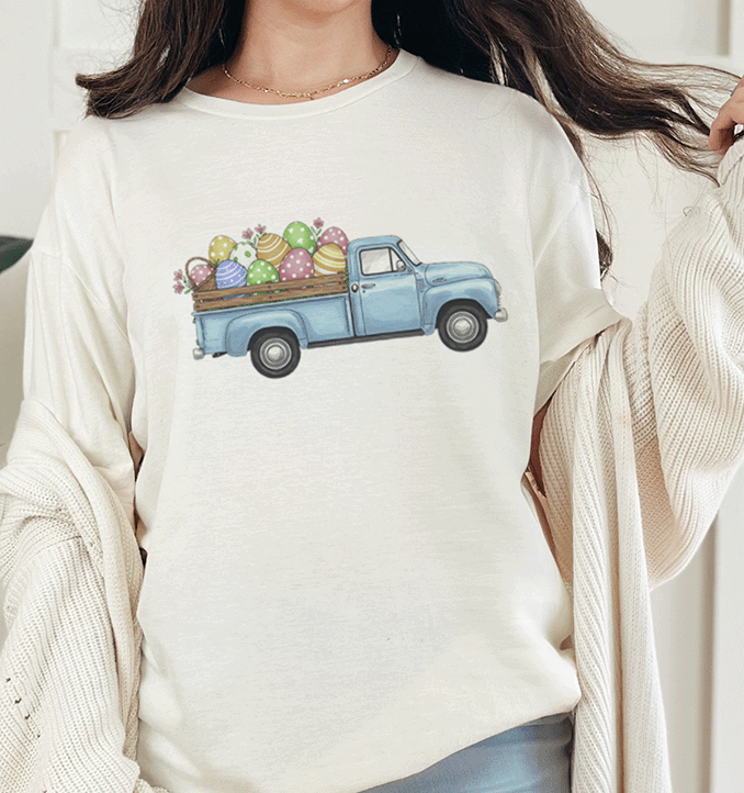 T-Shirt Natural / S Blue Truck With Easter Eggs Tee