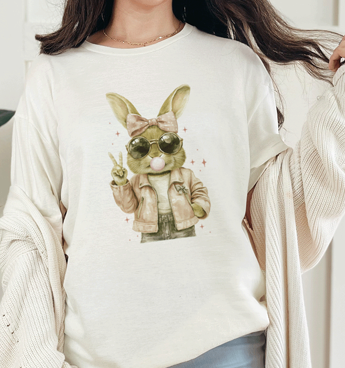 T-Shirt Natural / S Bunny Blowing Bubble Gum Peace Sign Tee