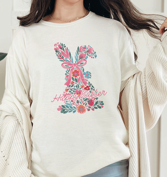 T-Shirt Natural / S Bunny Happy Easter Coquette Tee