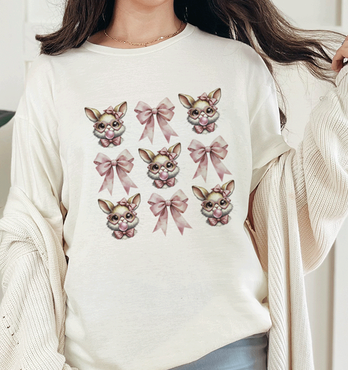 T-Shirt Natural / S Coquette Easter Pattern Bow and Bubble Gum Tee