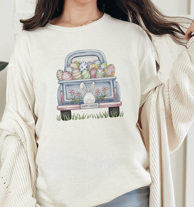 T-Shirt Natural / S Happy Easter Back Of Truck Watercolor Tee