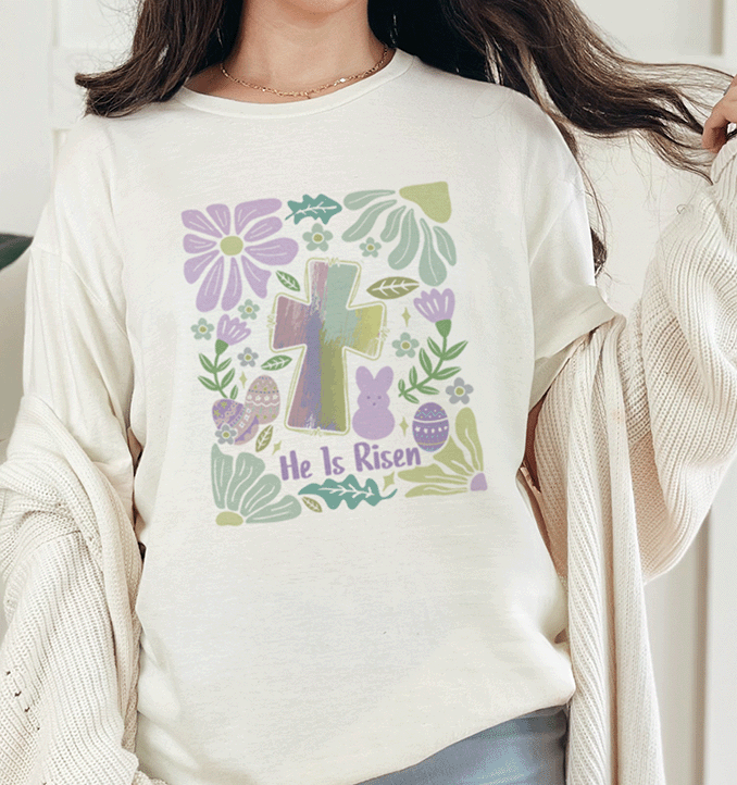 T-Shirt Natural / S He Is Risen With Brushstroke Cross and Flowers Tee