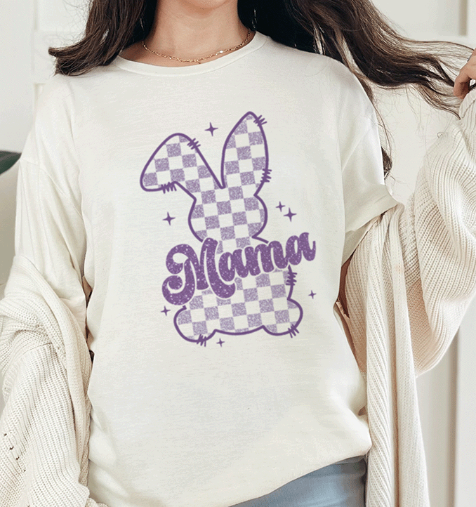 T-Shirt Natural / S Mama Purple Sparkle Checkered Bunny Tee