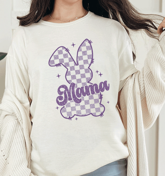 T-Shirt Natural / S Mama Purple Sparkle Checkered Bunny Tee