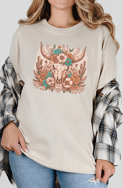 T-Shirt Sand / S Distressed Longhorn with Flowers Tee