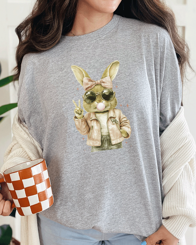 T-Shirt Sport Grey / S Bunny Blowing Bubble Gum Peace Sign Tee