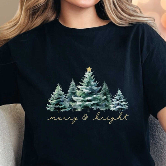 T-Shirt Black / S Merry and Bright Watercolor Tee