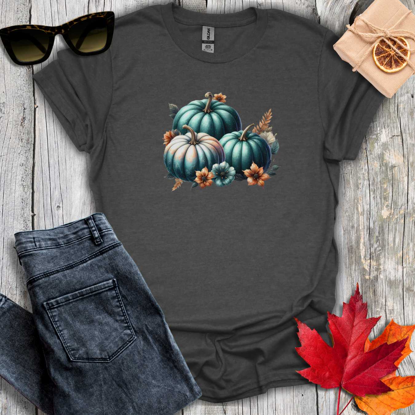 T-Shirt Dark Heather / S Pumpkins and Flowers Tee