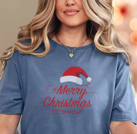 T-Shirt Heather Indigo / S Santa Hat Merry Christmas Tee