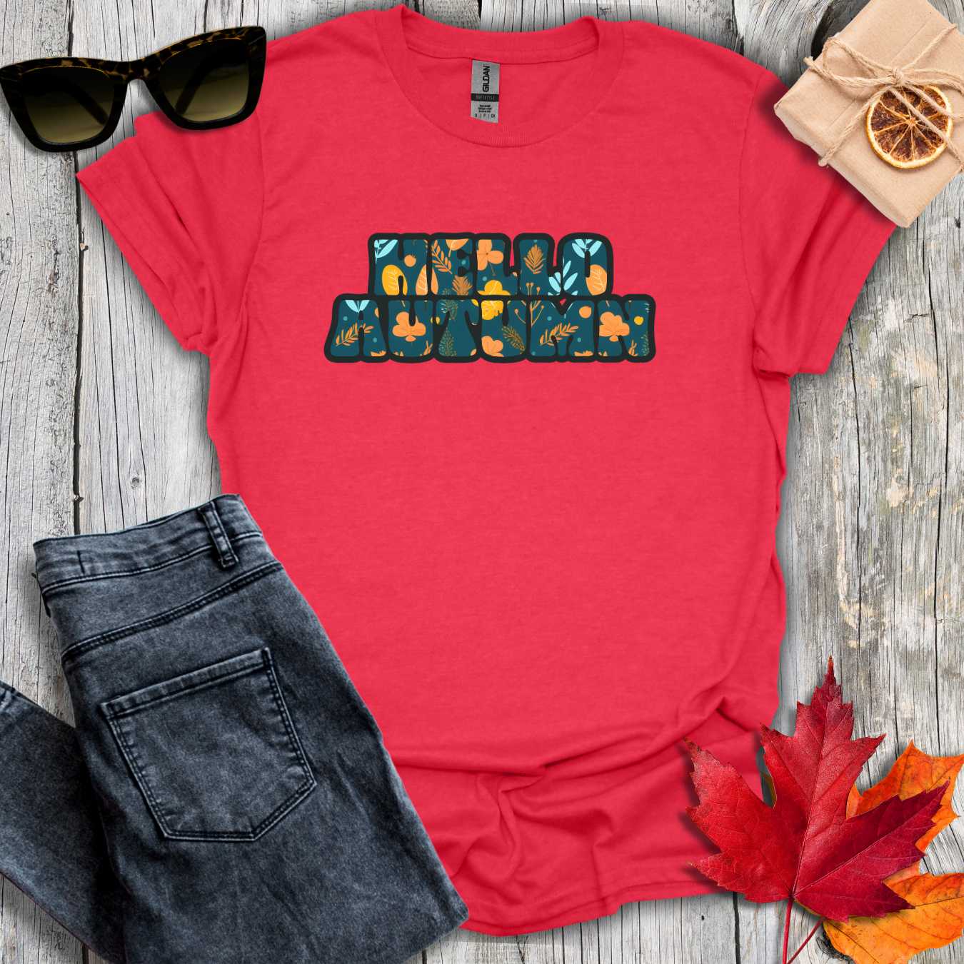 T-Shirt Heather Red / S Hello Autumn Teal Inlay Tee