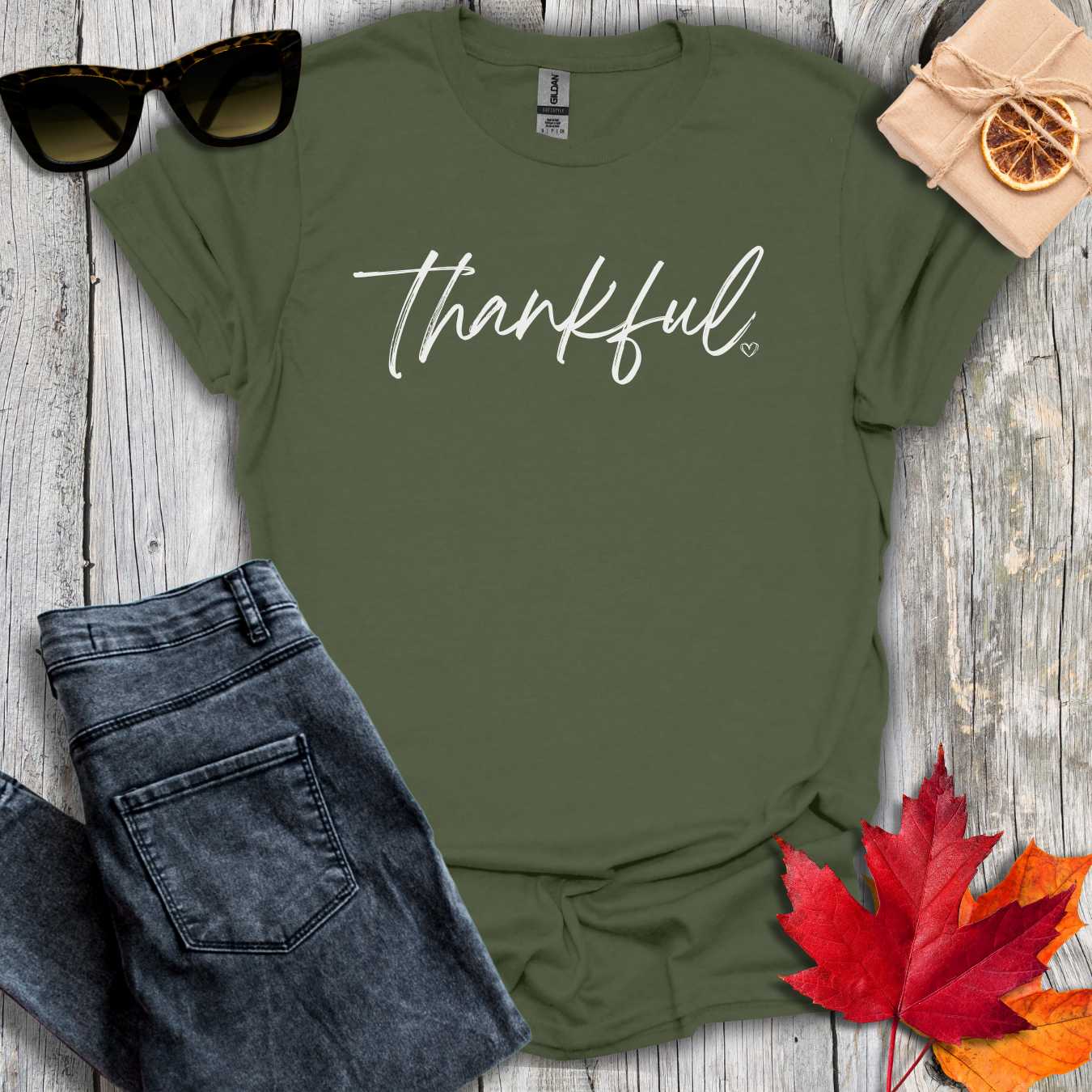 T-Shirt Military Green / S Thankful with Heart Tee