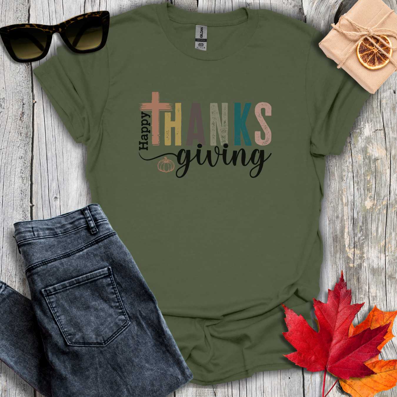 T-Shirt Military Green / S Thanksgiving with Cross Tee