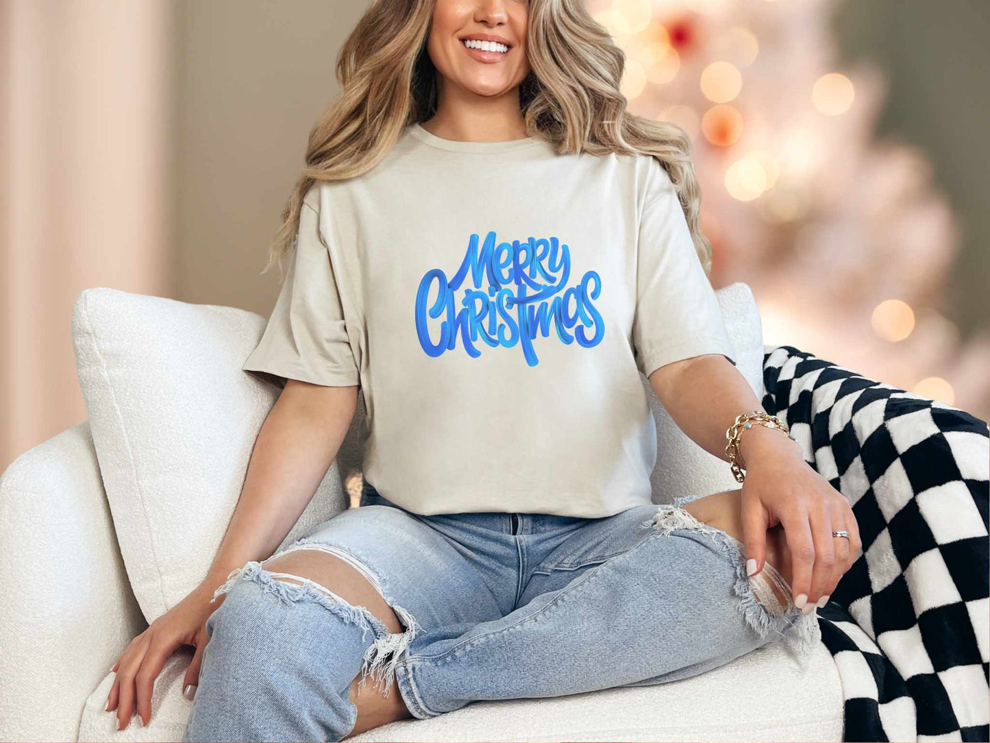 T-Shirt Sand / S Blue Merry Christmas Tee