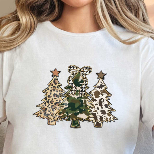 T-Shirt White / S Camo Cow Cheetah Christmas Trees Tee