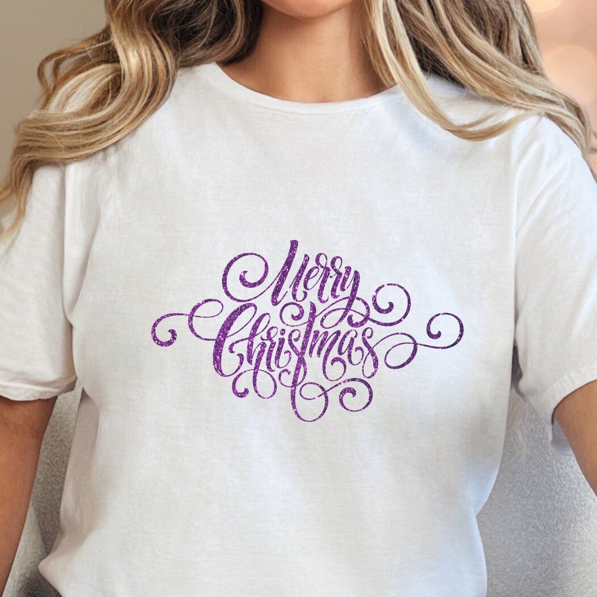 T-Shirt White / S Purple Glitter Merry Christmas Tee