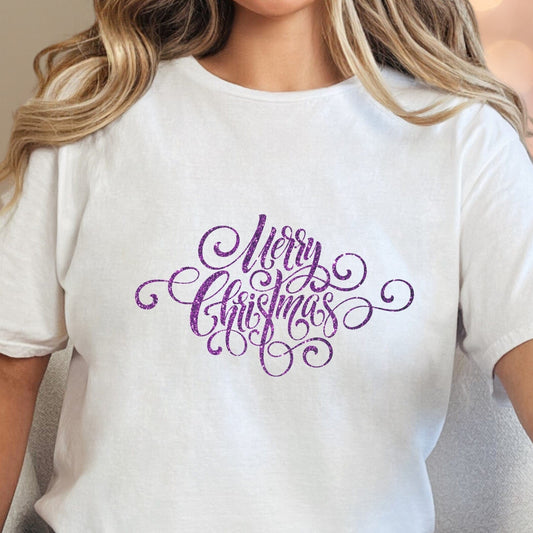T-Shirt White / S Purple Glitter Merry Christmas Tee