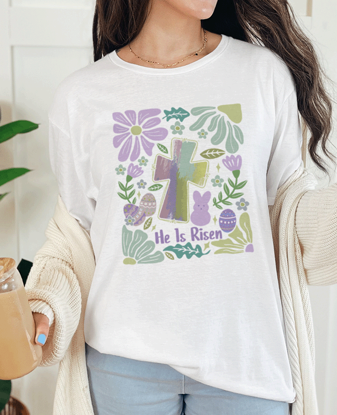 T-Shirt White / S He Is Risen With Brushstroke Cross and Flowers Tee