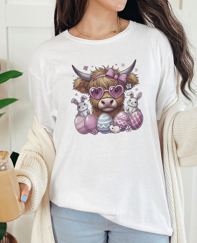 T-Shirt White / S Highland Cow Easter Bunnies Tee
